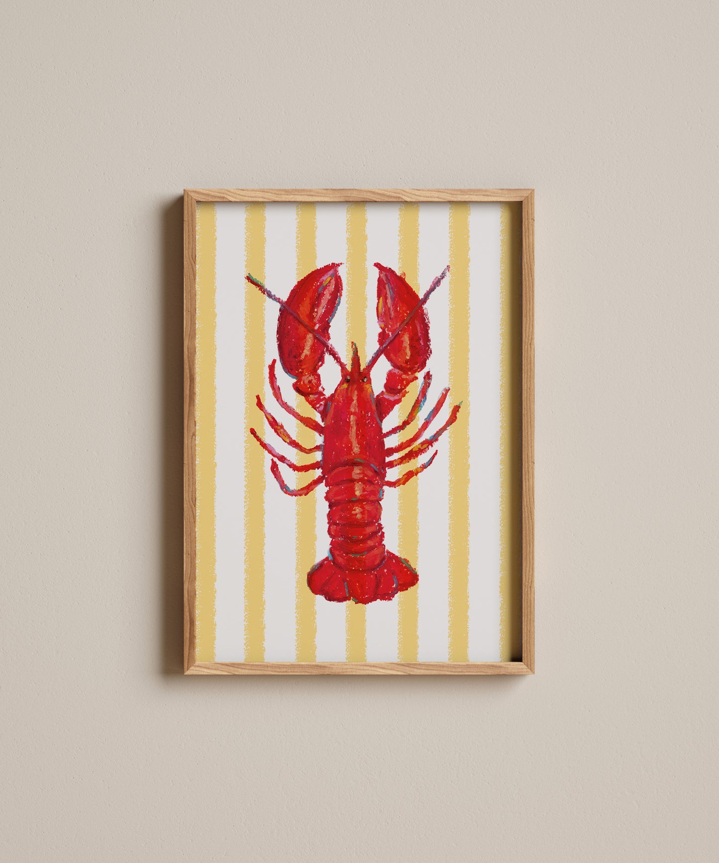 Framed artwork of a red lobster on a yellow and white striped background
