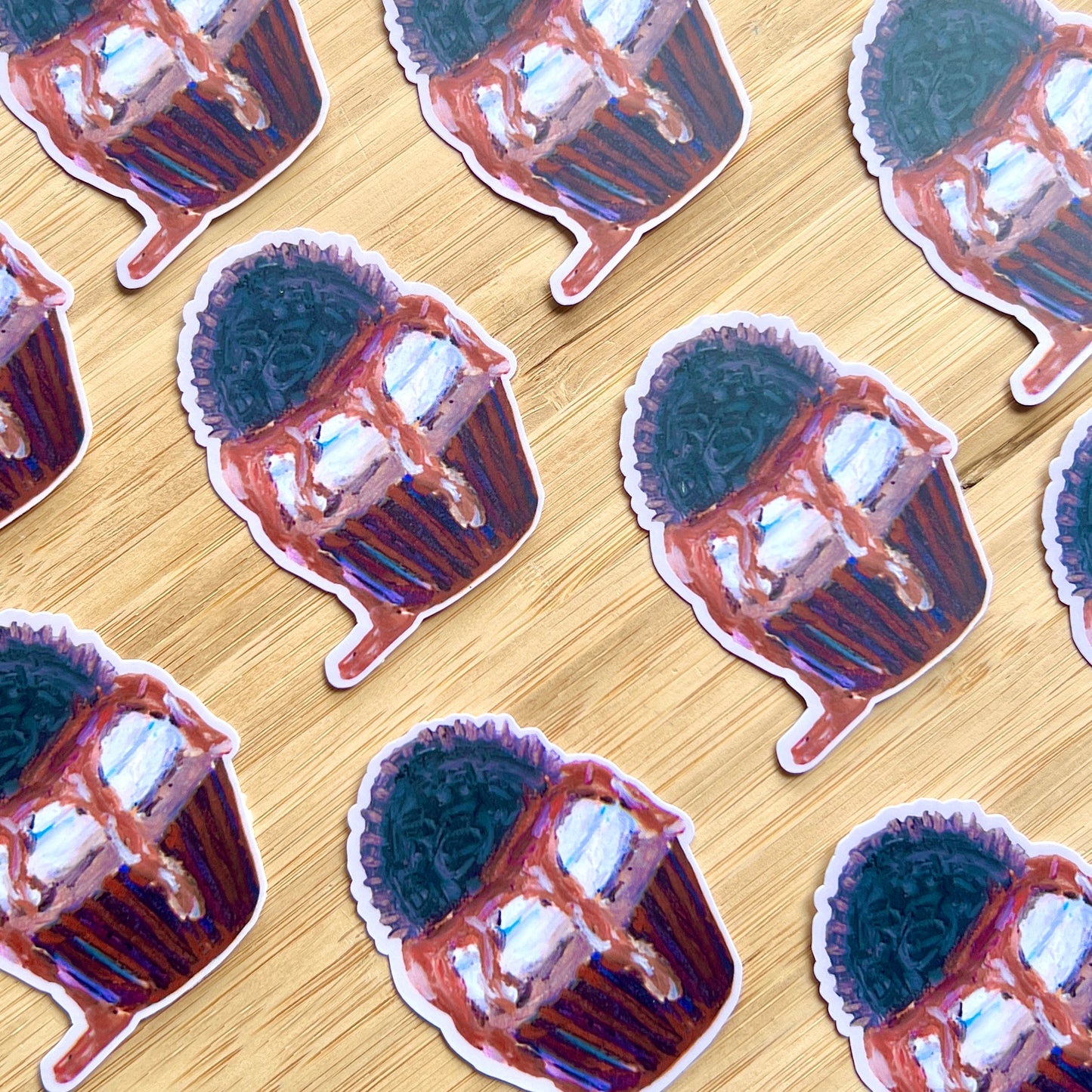 Oreo cupcake stickers on wooden surface