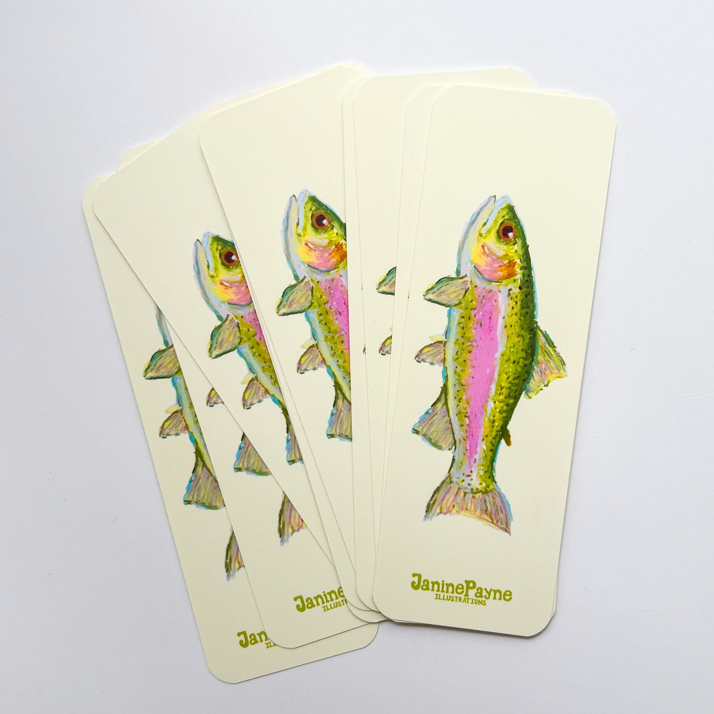 Set of bookmarks with fish illustrations and Janine Payne Illustrations branding on a light gray background