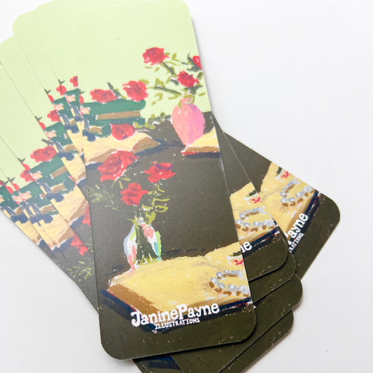 Stack of bookmarks with artistic designs and 'Janine Payne Illustrations' branding on a white background