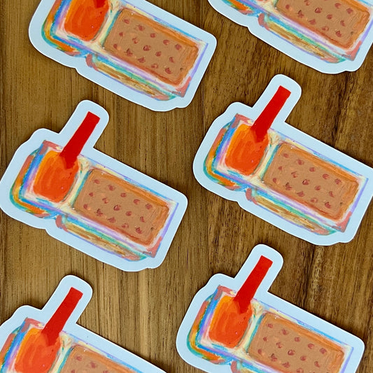 colourful illustration of cheese dip and crackers patterned on wooden surface