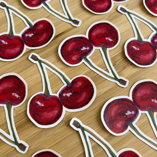 cherries stickers pattern on a wooden surface