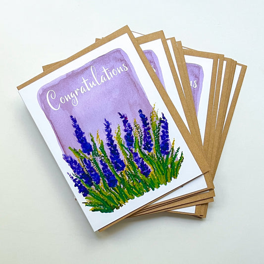 greeting cards with illustration of lavender and text 'congratulations'