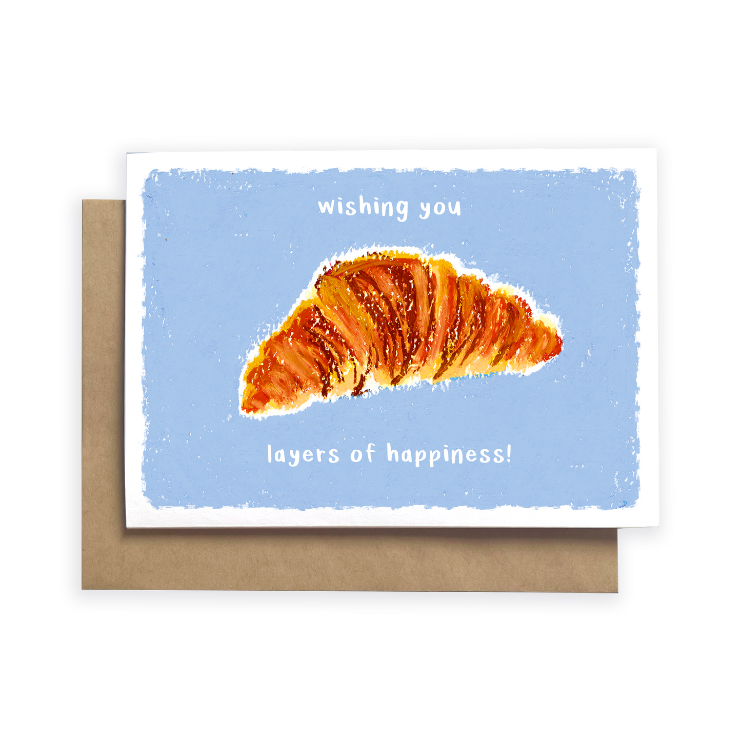Greeting card with a croissant illustration and text on a blue background