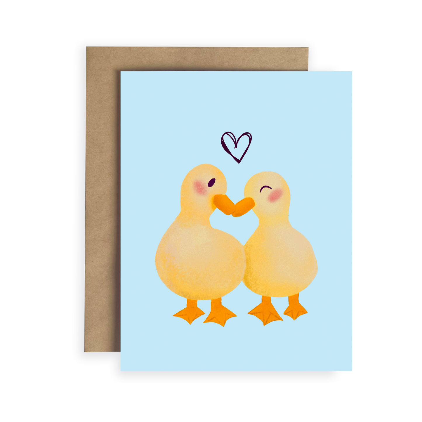 Greeting card with two ducks holding hands and a heart above them on a light blue background.