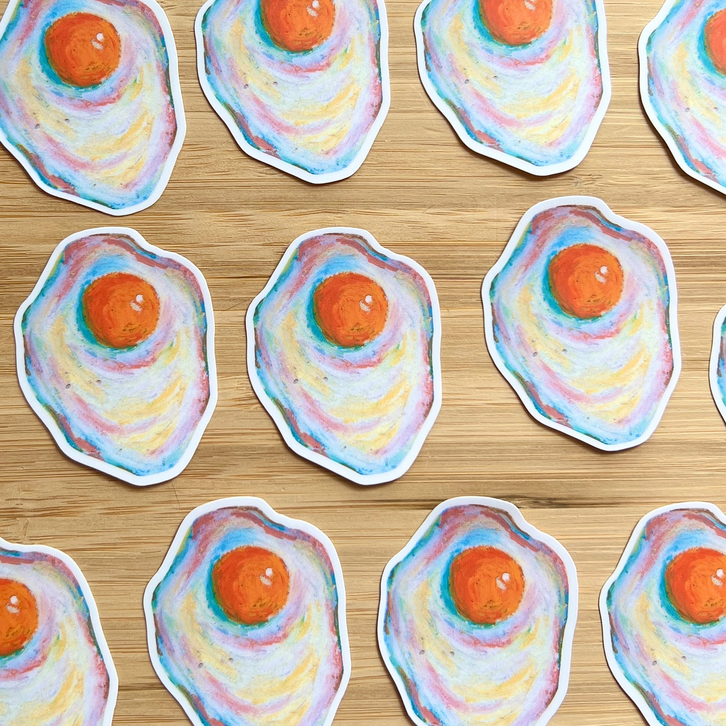 egg stickers on wooden surface