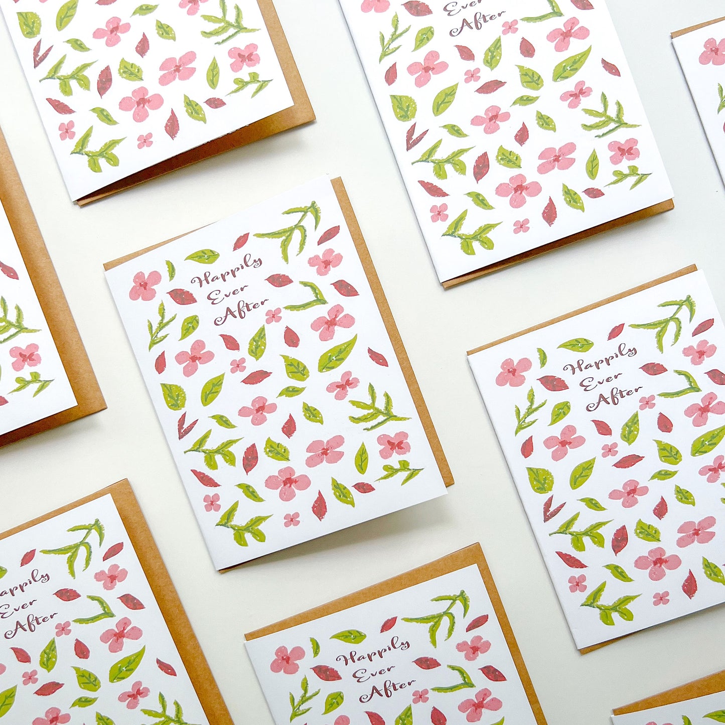 greeting cards with floral pattern and text 'happily ever after'