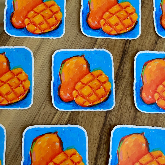 Pattern of mango illustrations on a wooden surface