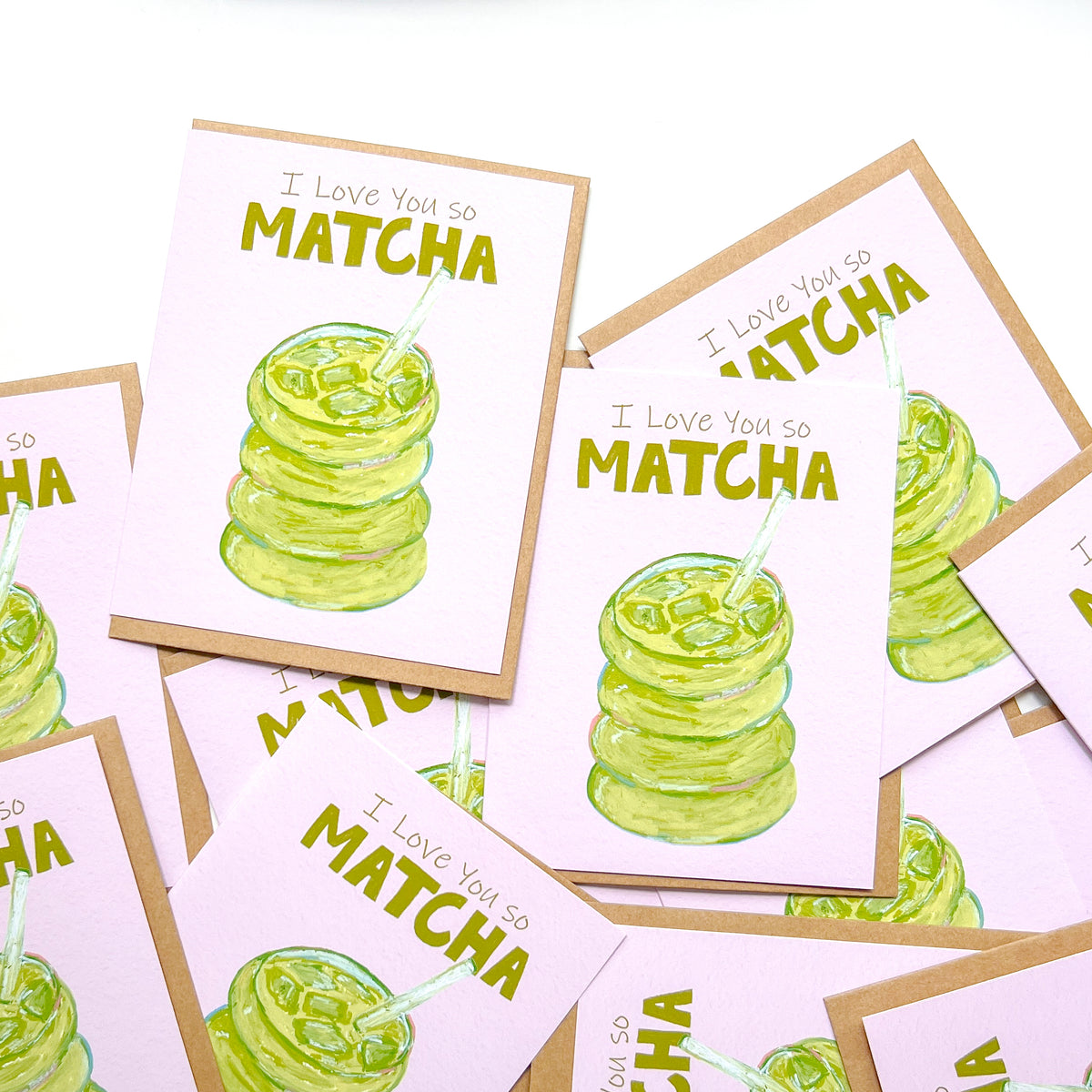 greeting cards with illustrations of iced matcha and text 'I love you so matcha'
