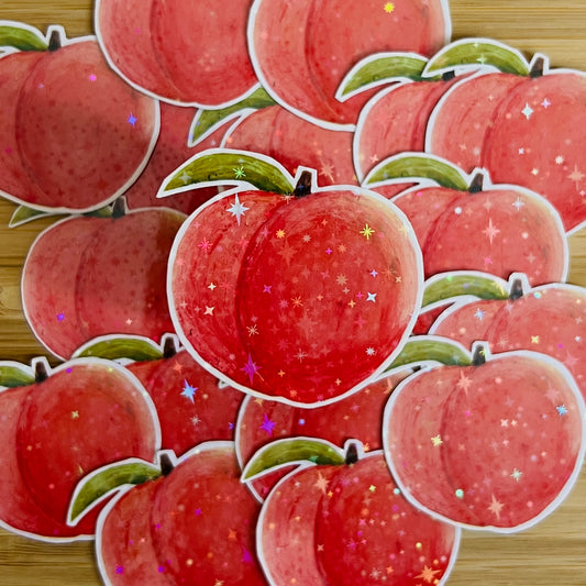 Illustrations of peaches with green leaves on a wooden surface
