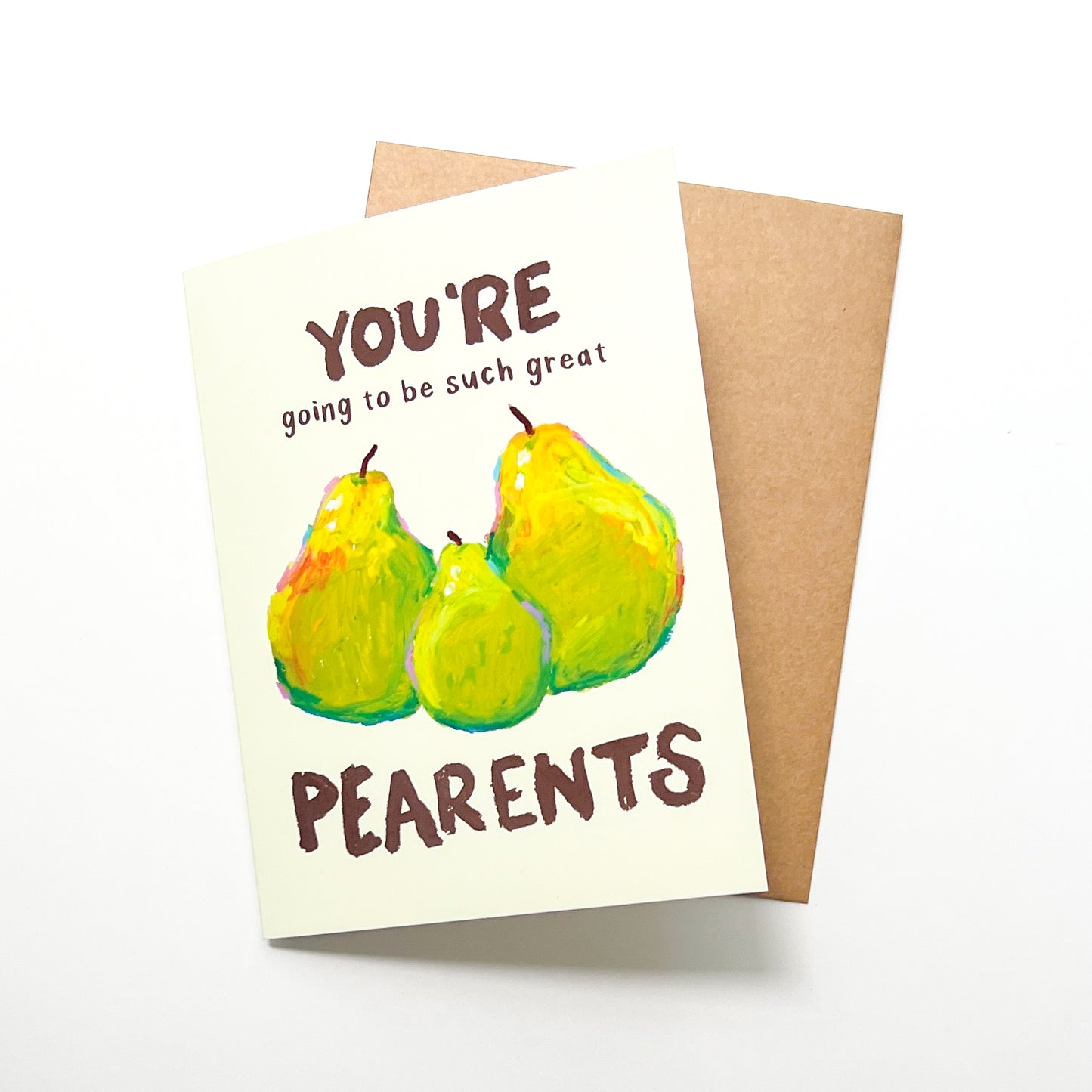 Greeting card with pears and text 'You're going to be such great pearents' on a white background