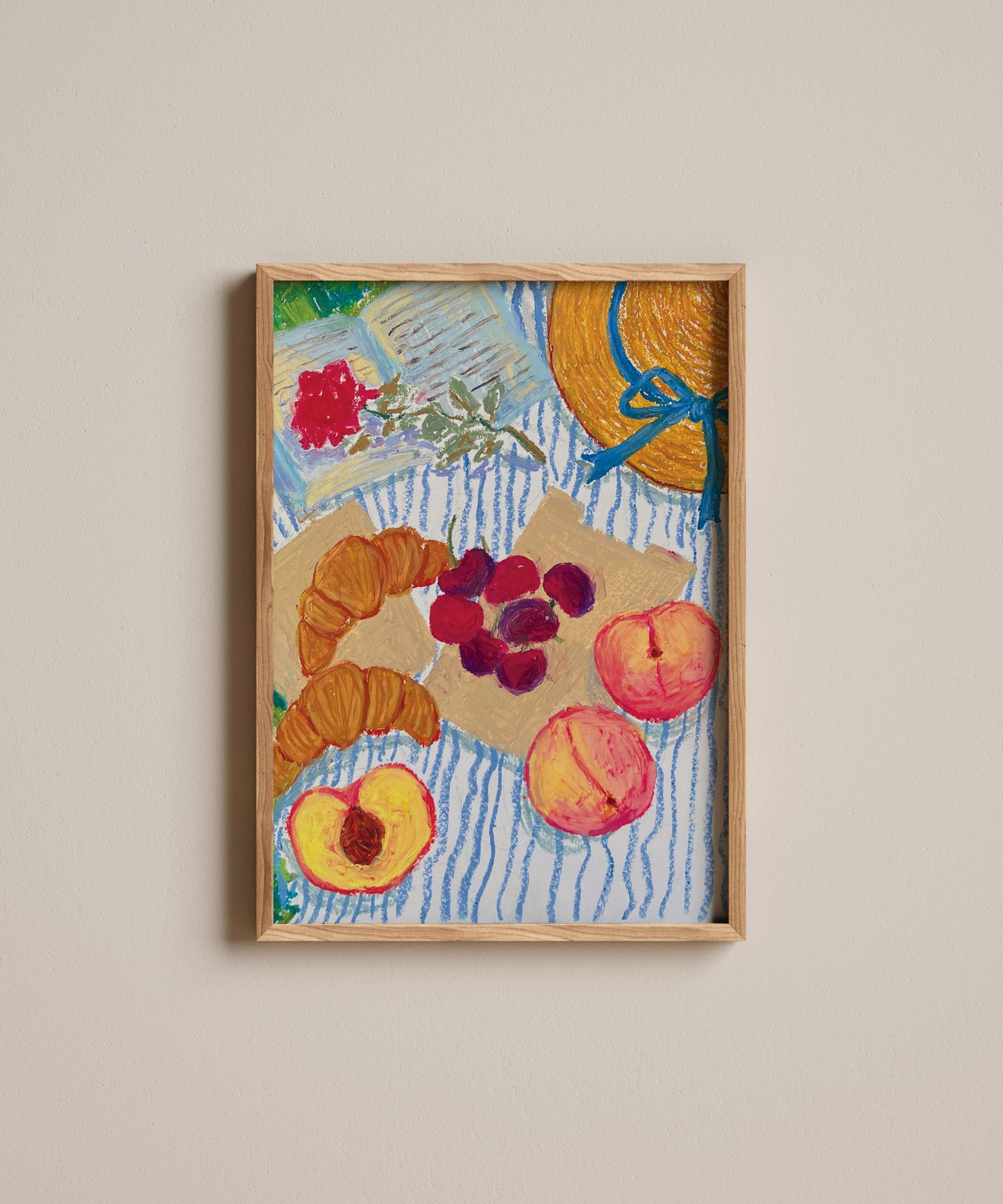 Framed artwork of fruits and flowers on a textured surface