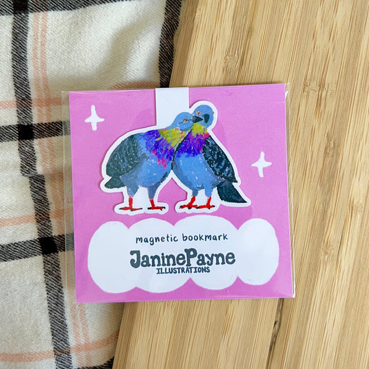 Magnetic bookmark with bird illustration on a pink card, featuring Janine Payne Illustrations.