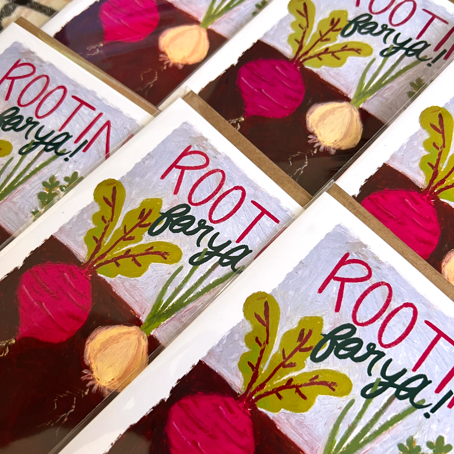 Greeting Cards with root vegatables on it with text 'Rootin' for ya'