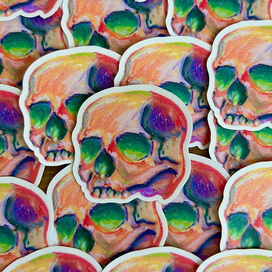Colorful skull designs on a patterned background