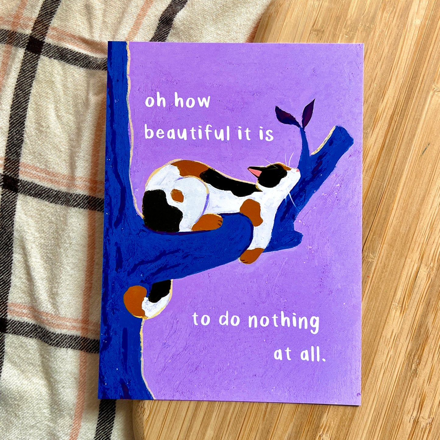 cat sleeping on a tree with text 'oh how beautiful it is to do nothing at all'