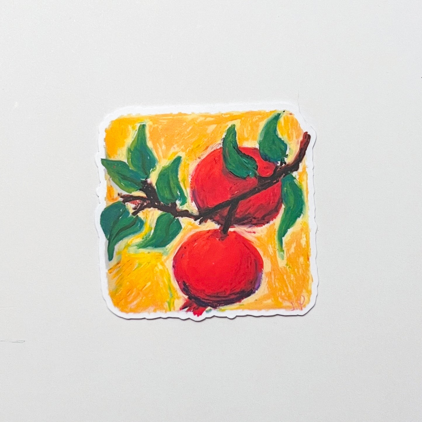 Artistic depiction of two pomegranates on a branch with green leaves against a yellow background.