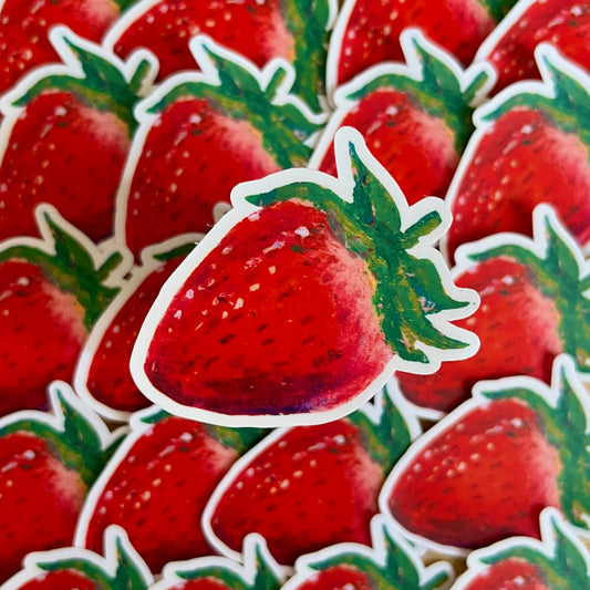 Sticker of a strawberry with green stem on a background of red strawberries