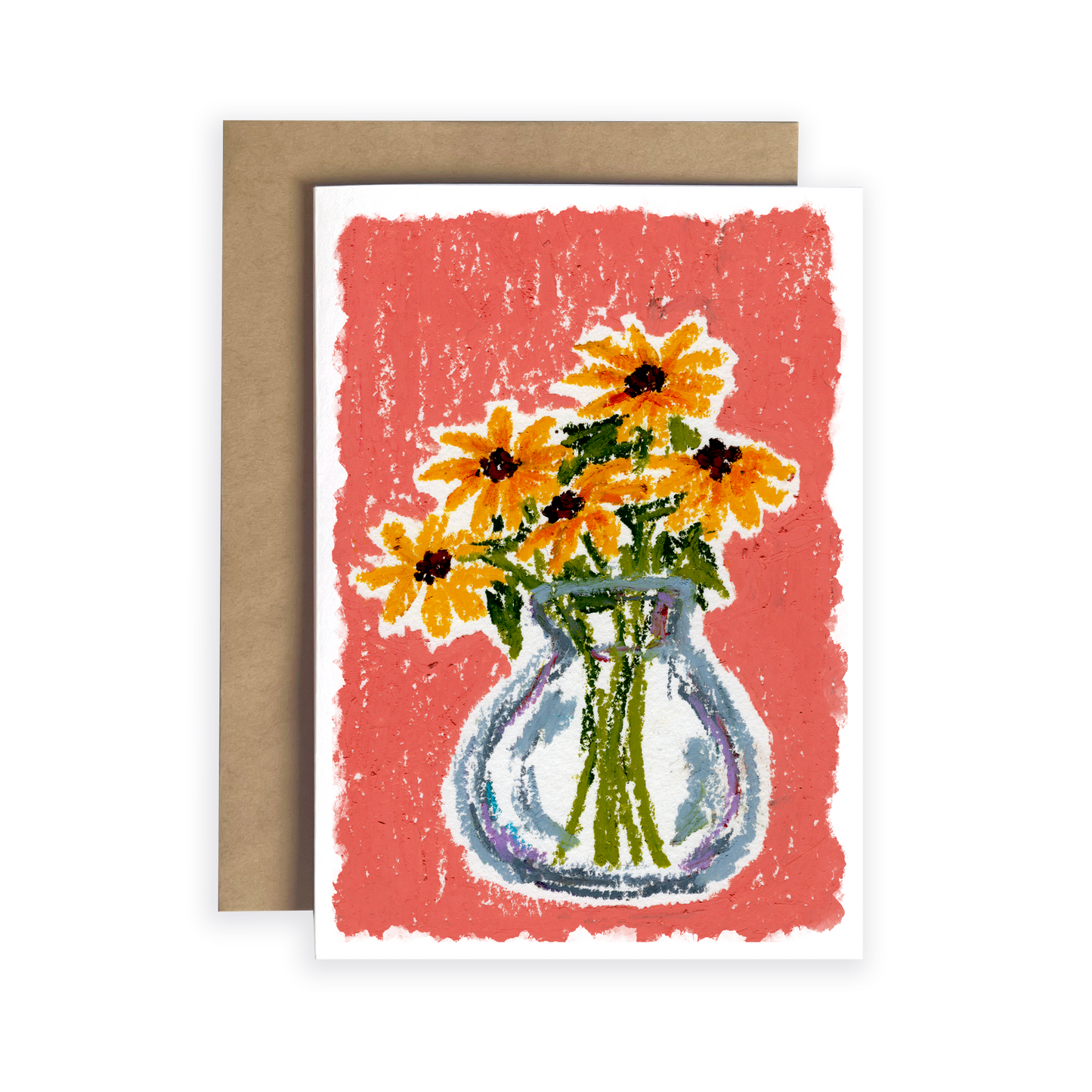 Greeting card with a vase of sunflowers on a pink background