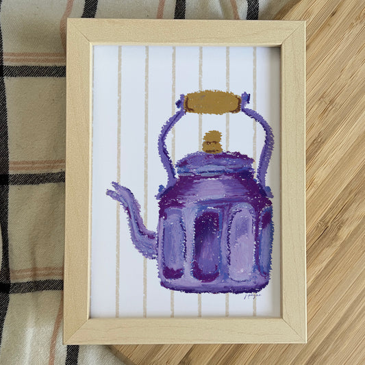 Framed artwork of a purple teapot on a striped fabric background