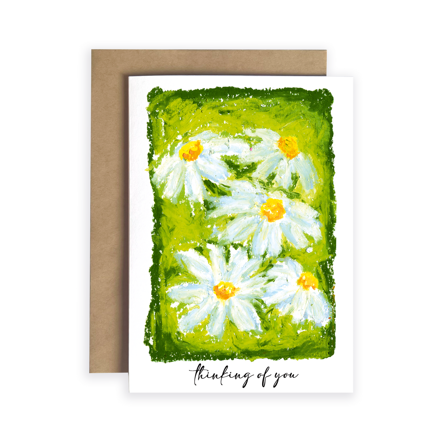 Greeting card with daisy flowers and 'thinking of you' text on a green background