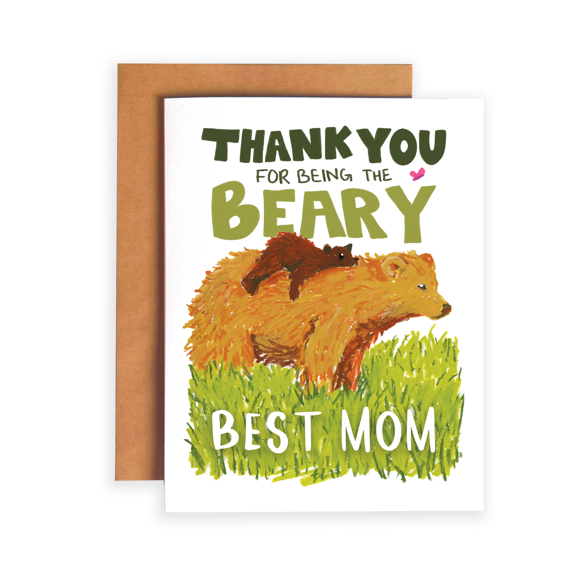 Greeting card with bear illustration and text 'Thank you for being the beary best mom' on a white background.