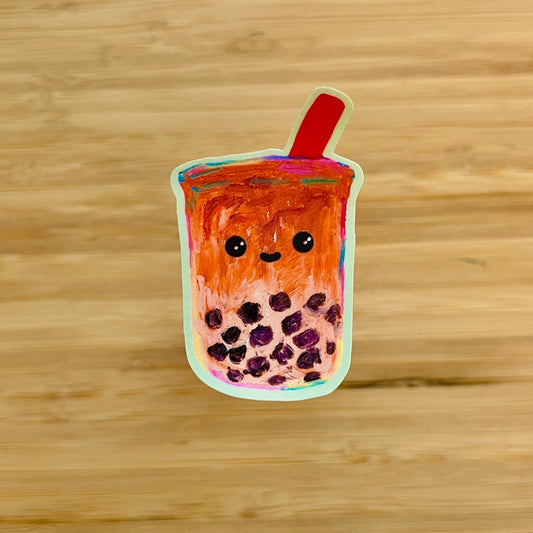 Cartoon bubble tea with a red straw on a wooden background