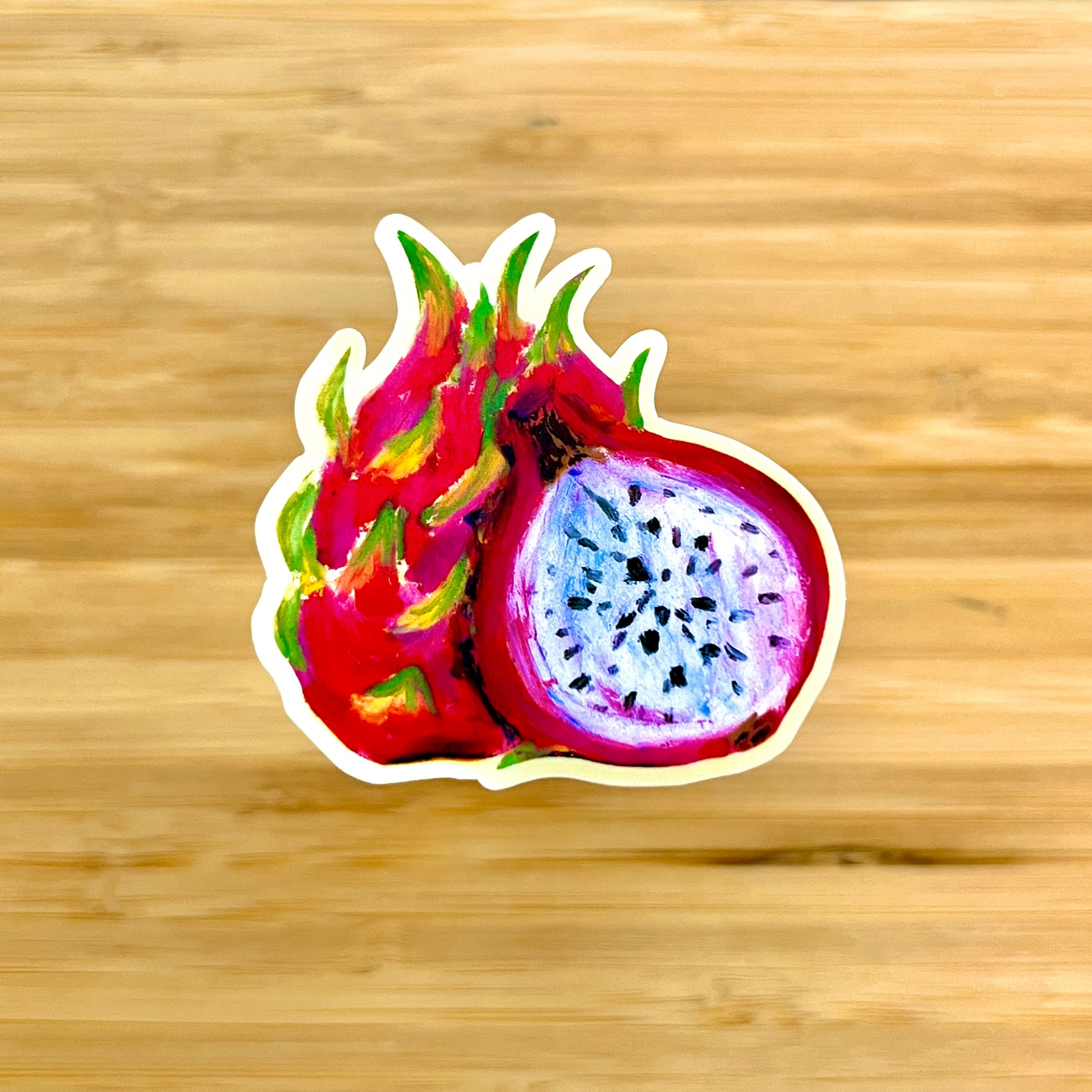 Colorful dragon fruit illustration on a wooden background