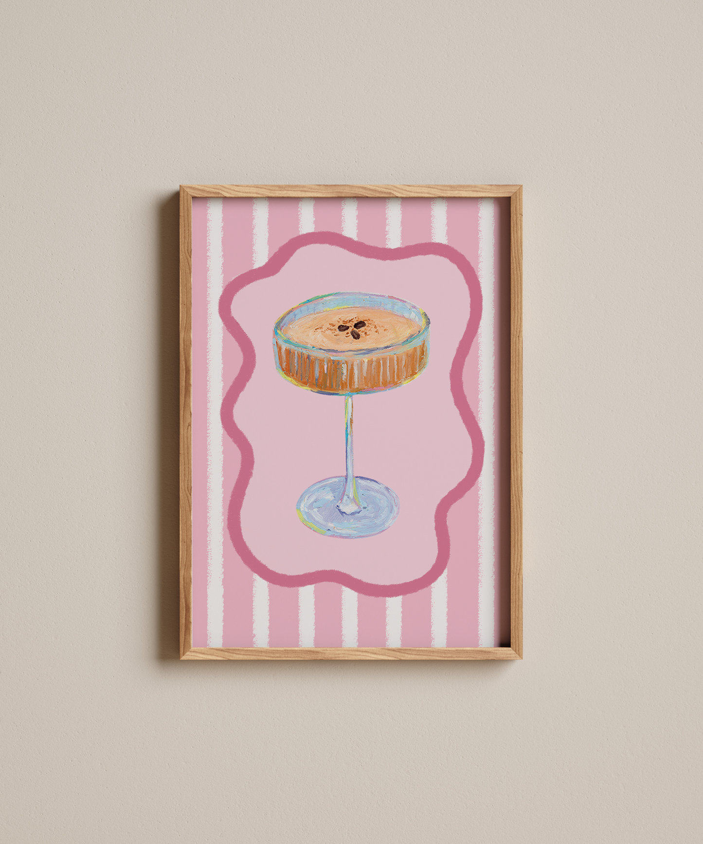 Framed artwork of a cocktail on a pink striped background