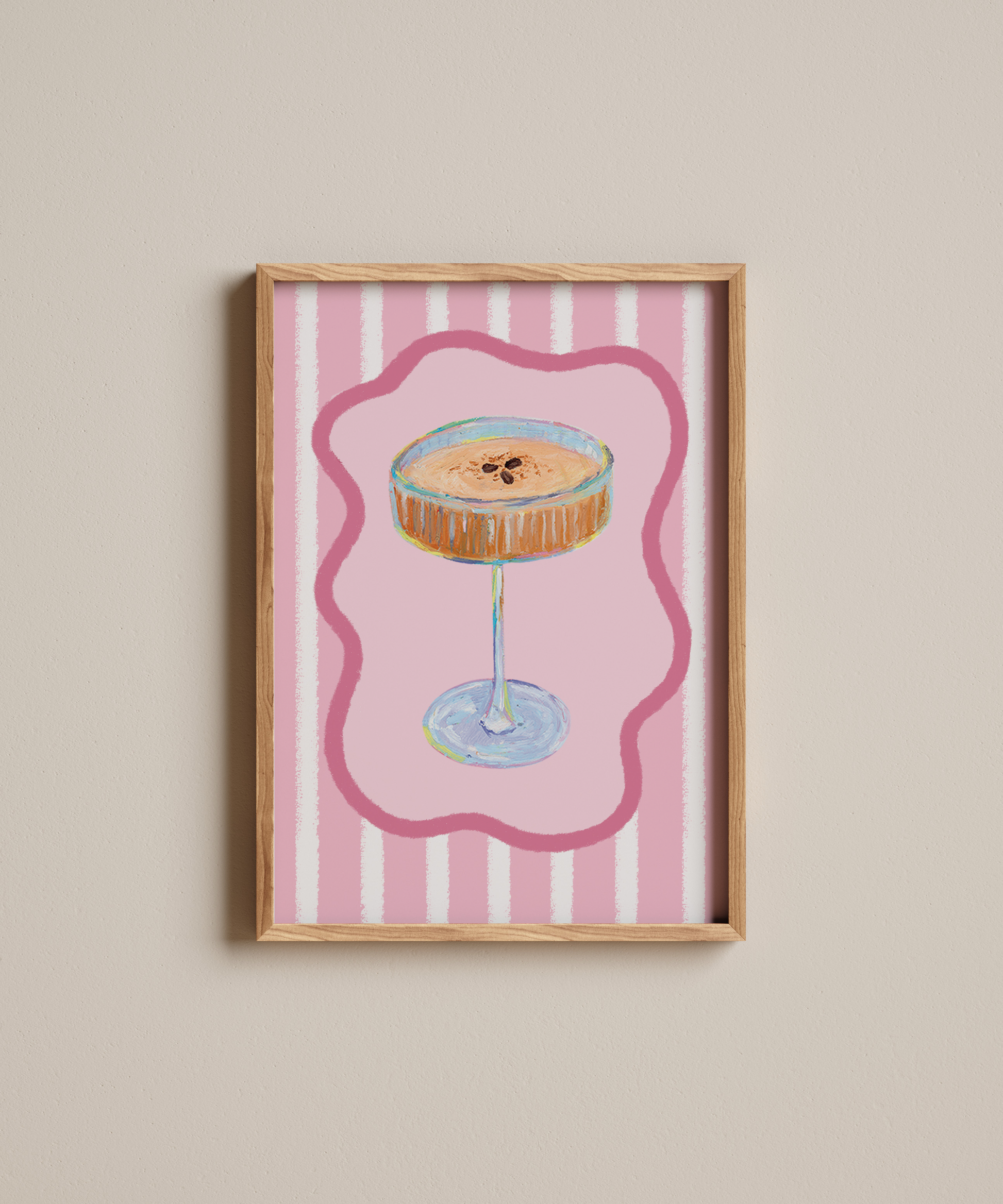 Framed artwork of a cocktail on a pink striped background