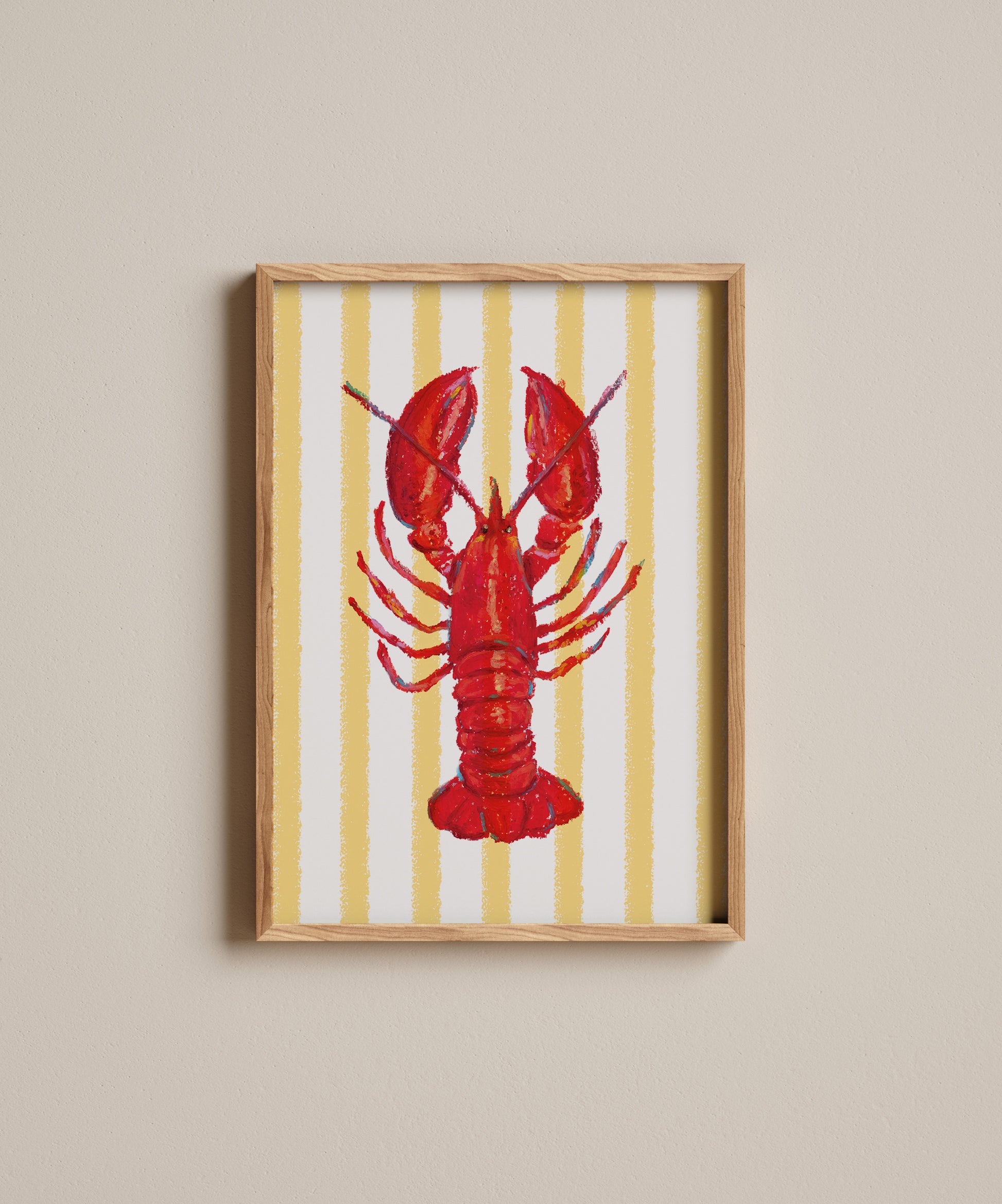 Framed artwork of a red lobster on a yellow and white striped background