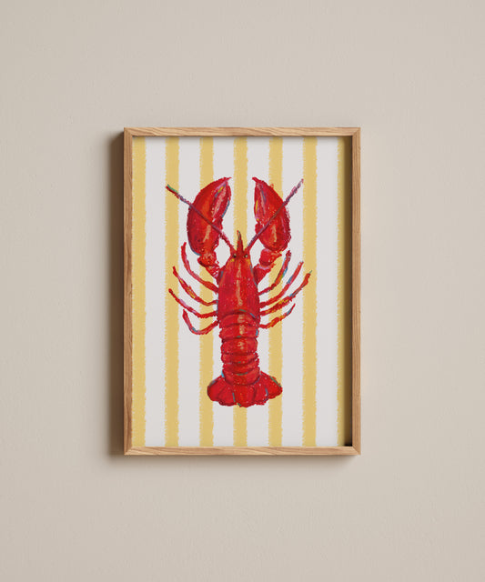 Framed artwork of a red lobster on a yellow and white striped background
