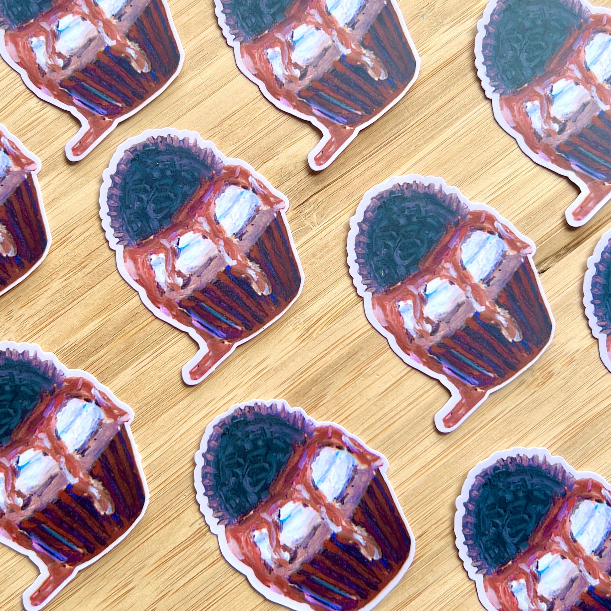 Oreo cupcake stickers on wooden surface