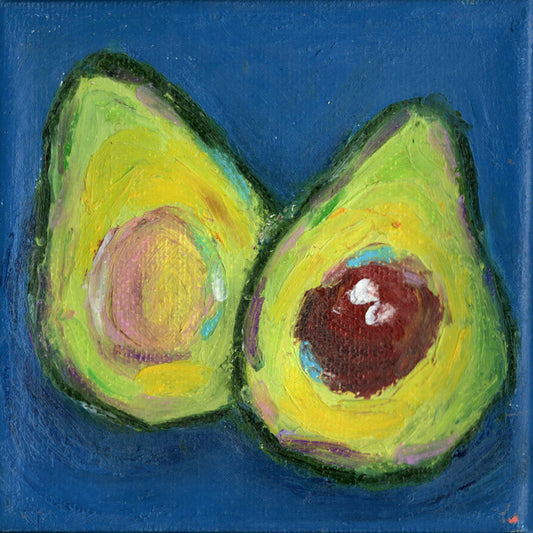 painting of sliced avocado on dark blue background