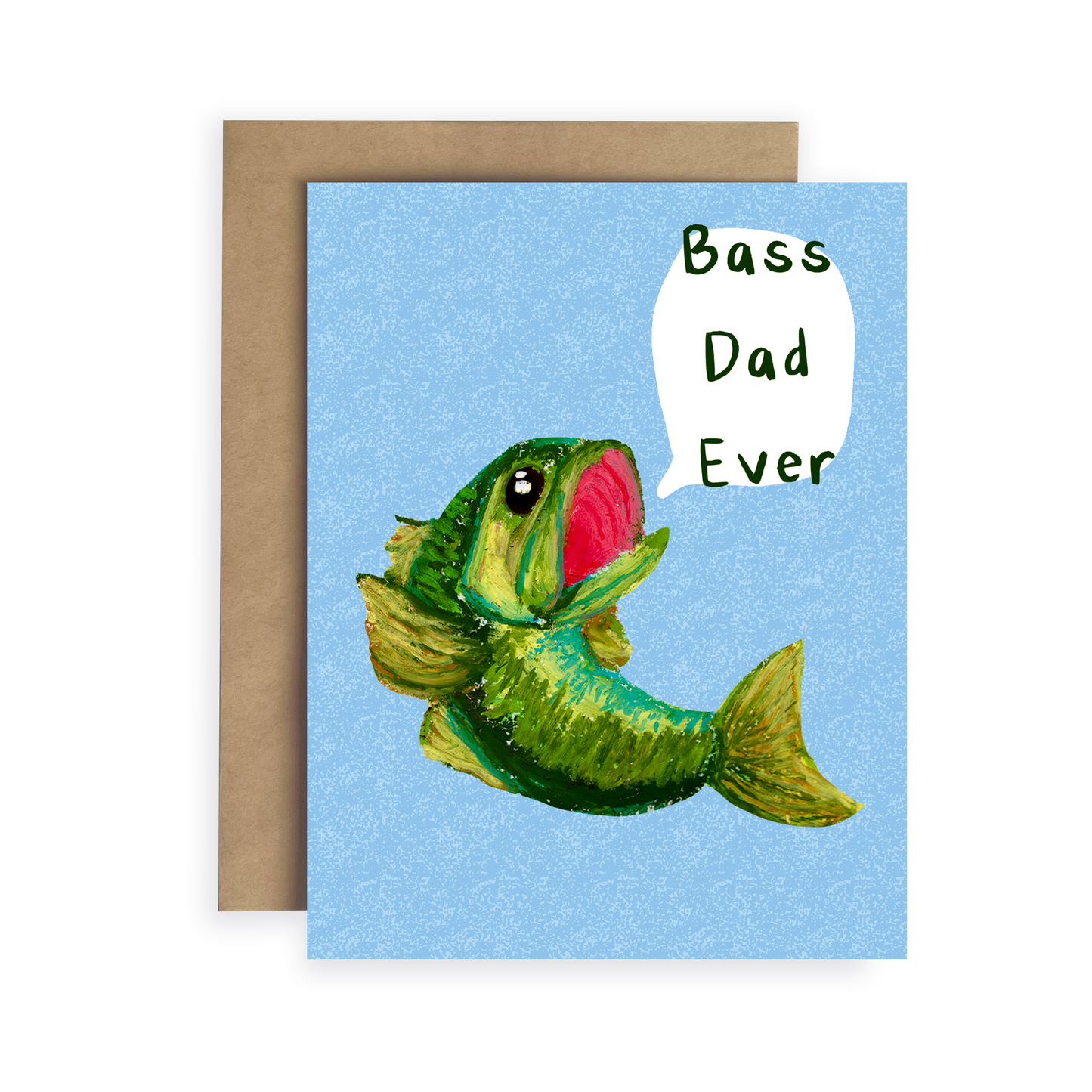 Card with a fish illustration and 'Bass Dad Ever' text on a blue background