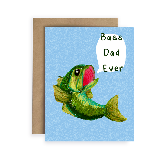 Card with a fish illustration and 'Bass Dad Ever' text on a blue background