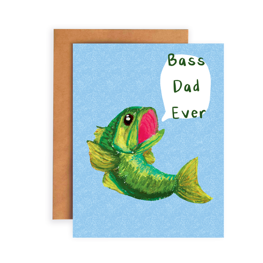 Greeting card with a fish illustration and 'Bass Dad Ever' text on a blue background