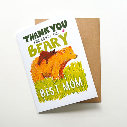Card with bear illustration and text 'Thank you for being the beary best mom' on a white background