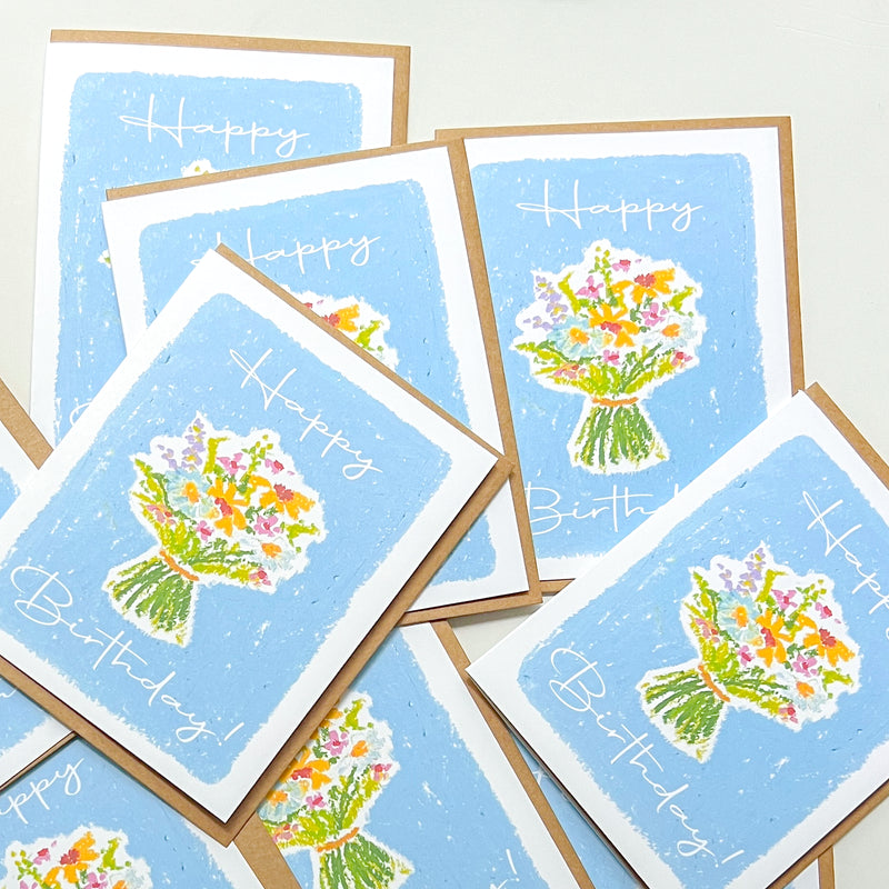 birthday cards with illustration of a flower bouquet and text 'happy birthday'