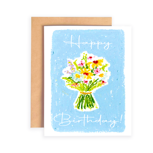 birthday card illustration of a flower bouquet and text 'happy birthday'