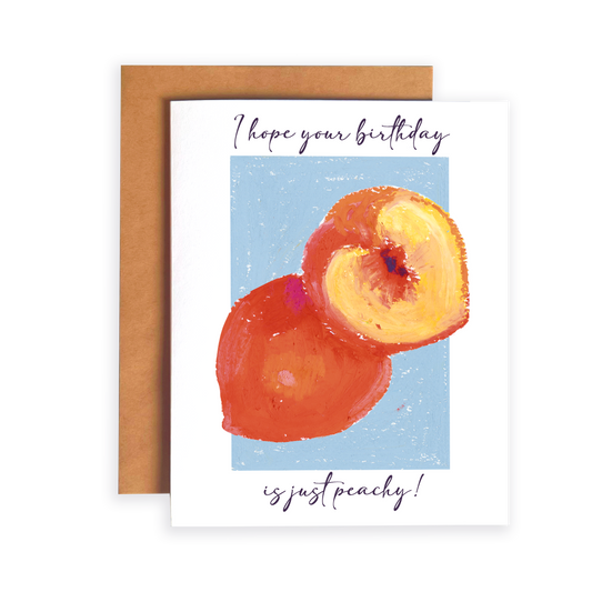 Greeting card with peaches and text 'I hope your birthday is just peachy!' on a white background