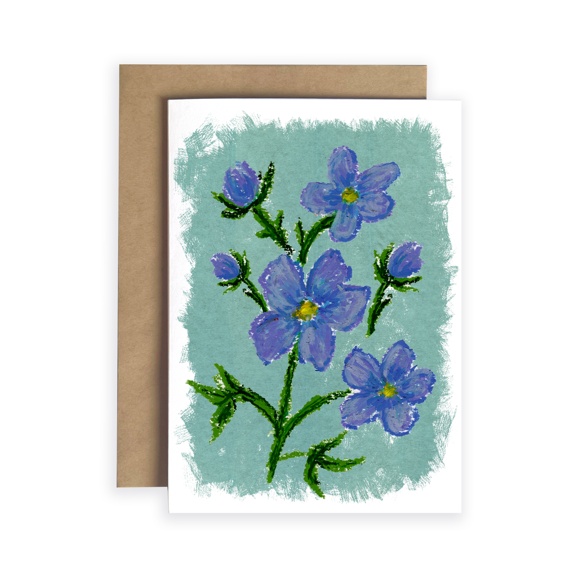 Greeting card with blue flowers on a light green background