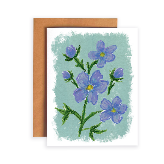 Greeting card with purple flowers on a light blue background