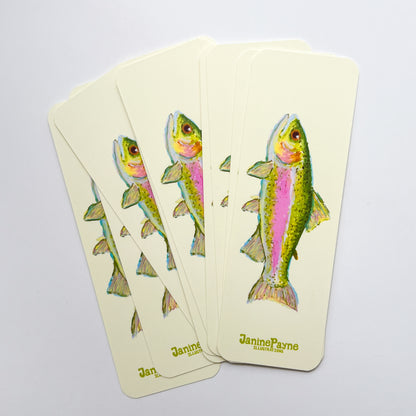 Set of bookmarks with fish illustrations and Janine Payne Illustrations branding on a light gray background