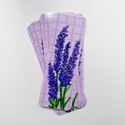 stack of bookmarks with lavender designs on a white background