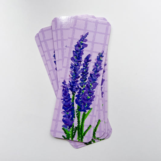 stack of bookmarks with lavender designs on a white background