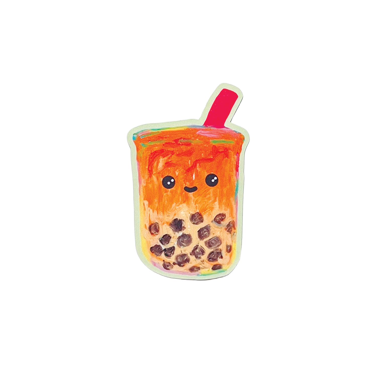 Sticker of bubble tea with a happy face on a white background
