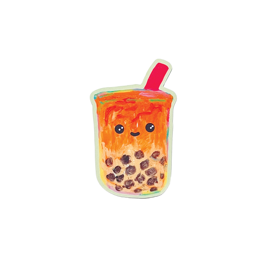 Sticker of bubble tea with a happy face on a white background