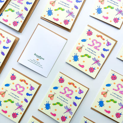 pattern of greeting cards with an illustration of various bugs and text 'I will bug you in every universe' on white background