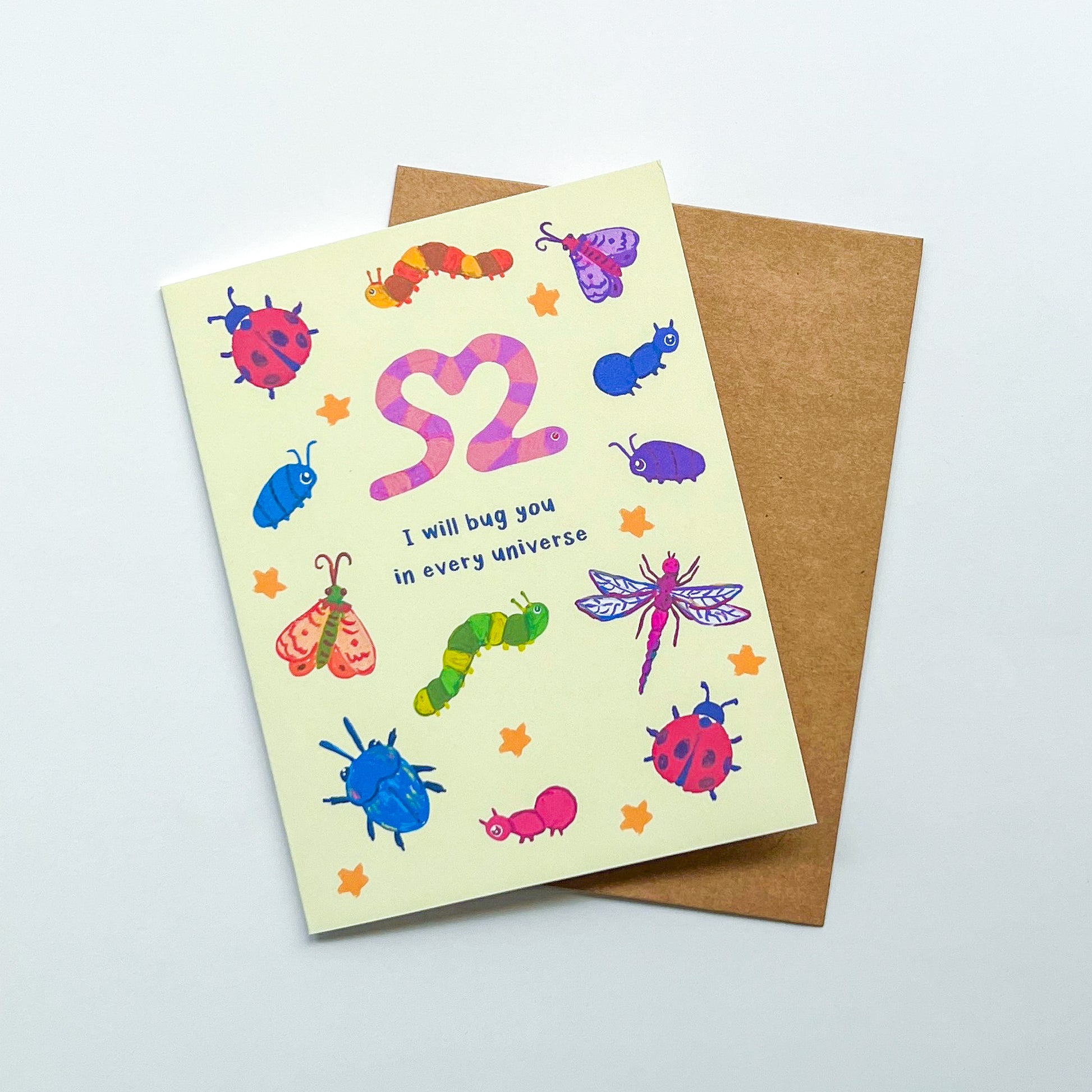 greeting card with an illustration of various bugs and text 'I will bug you in every universe' on white background